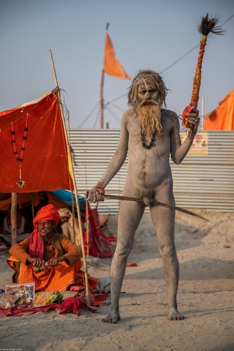 Kumbh Sadhu Wrapped Around Sword Sangam, Uttar Pradesh. February 2019