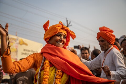 Kumbh Pilgrim Dancing Sangam, Uttar Pradesh. February 2019
