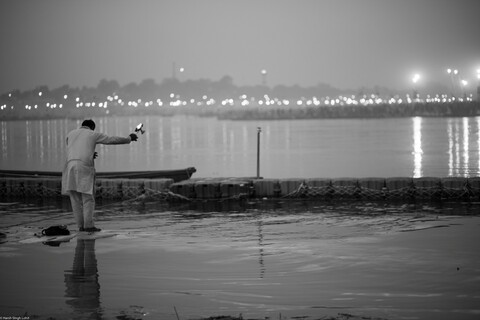 Kumbh Pilgrim at the Bank of the Ganges Sangam, Uttar Pradesh. February 2019