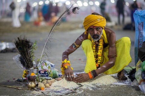 Kumbh Sadhu Gathering Rice Offering Sangam, Uttar Pradesh. February 2019
